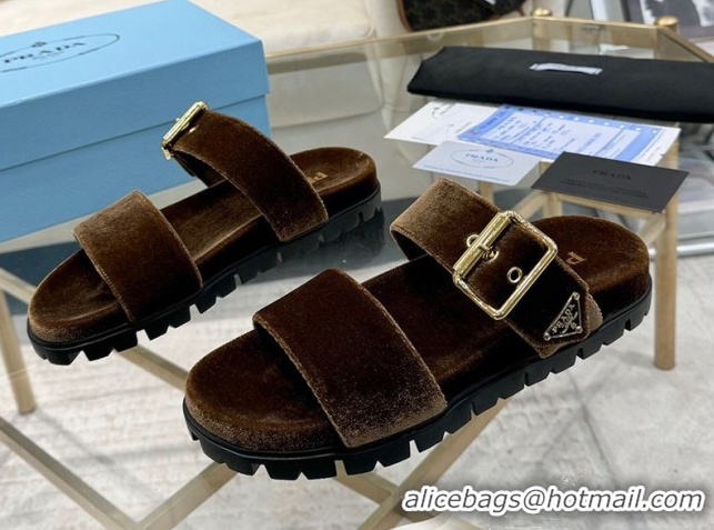 Low Price Prada Velvet flat slides sandal with buckle Brown 2025 1XX715
