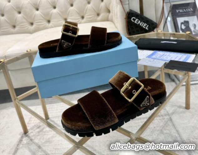 Low Price Prada Velvet flat slides sandal with buckle Brown 2025 1XX715