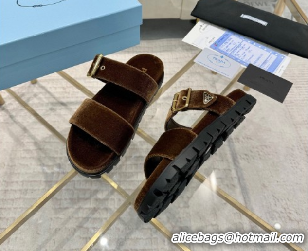 Low Price Prada Velvet flat slides sandal with buckle Brown 2025 1XX715