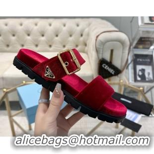 Best Grade Prada Velvet flat slides sandal with buckle Red 2025 1XX715
