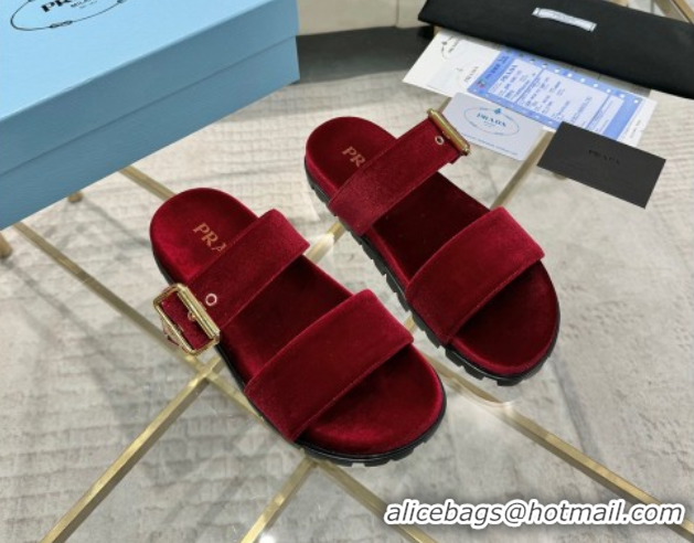 Best Grade Prada Velvet flat slides sandal with buckle Red 2025 1XX715