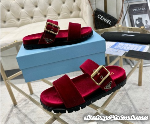 Best Grade Prada Velvet flat slides sandal with buckle Red 2025 1XX715
