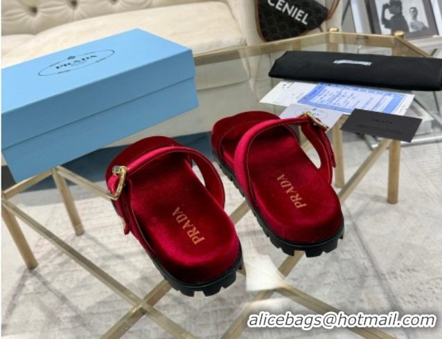 Best Grade Prada Velvet flat slides sandal with buckle Red 2025 1XX715