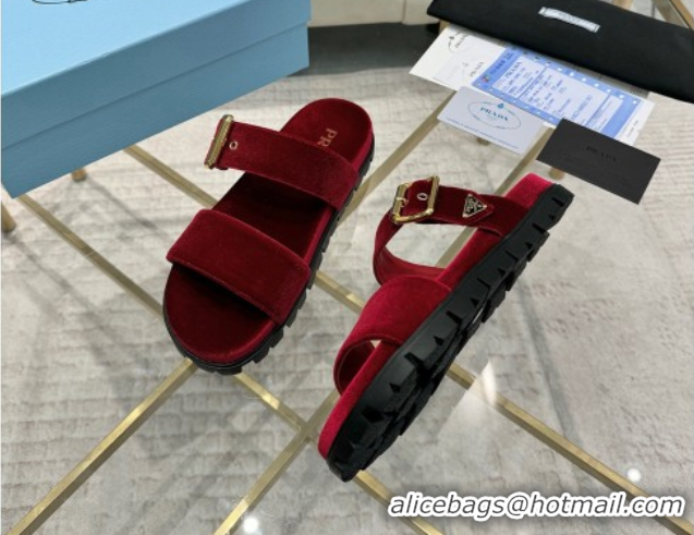 Best Grade Prada Velvet flat slides sandal with buckle Red 2025 1XX715