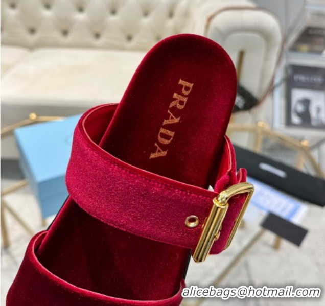 Best Grade Prada Velvet flat slides sandal with buckle Red 2025 1XX715