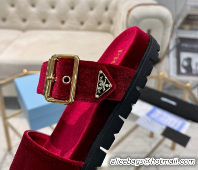 Best Grade Prada Velvet flat slides sandal with buckle Red 2025 1XX715