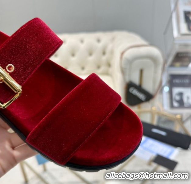 Best Grade Prada Velvet flat slides sandal with buckle Red 2025 1XX715