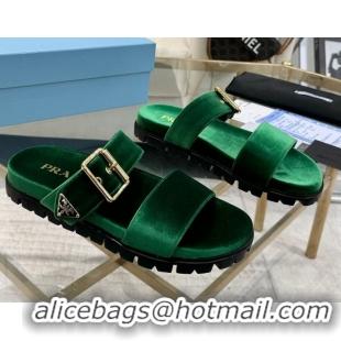 Hot Style Prada Velvet flat slides sandal with buckle Green 2025 1XX715