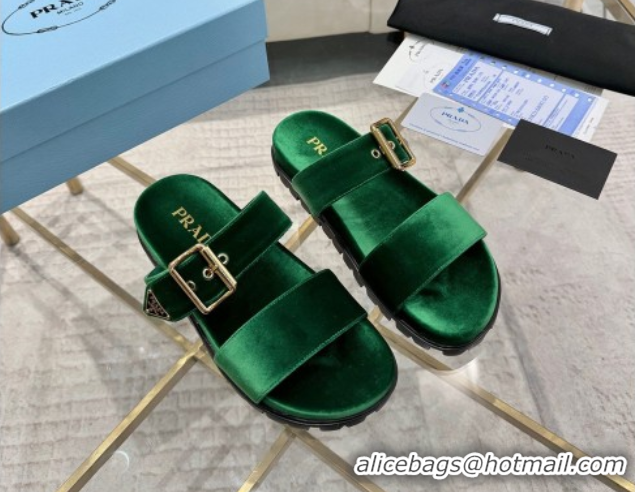 Hot Style Prada Velvet flat slides sandal with buckle Green 2025 1XX715