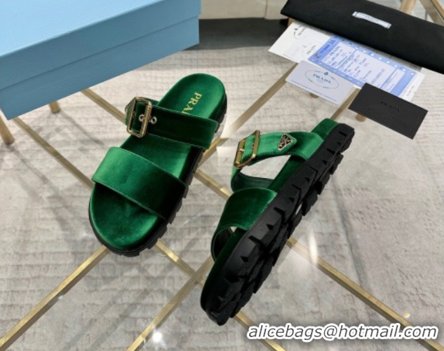 Hot Style Prada Velvet flat slides sandal with buckle Green 2025 1XX715