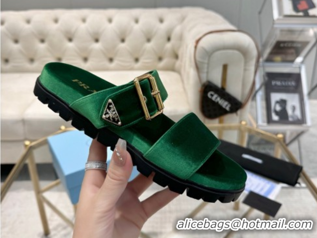 Hot Style Prada Velvet flat slides sandal with buckle Green 2025 1XX715