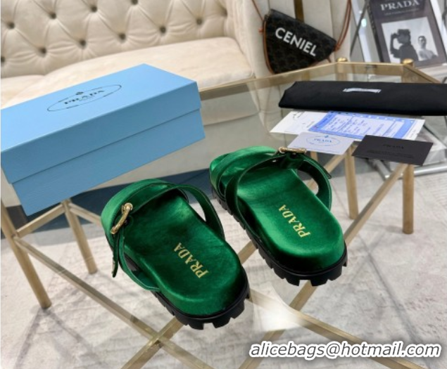Hot Style Prada Velvet flat slides sandal with buckle Green 2025 1XX715
