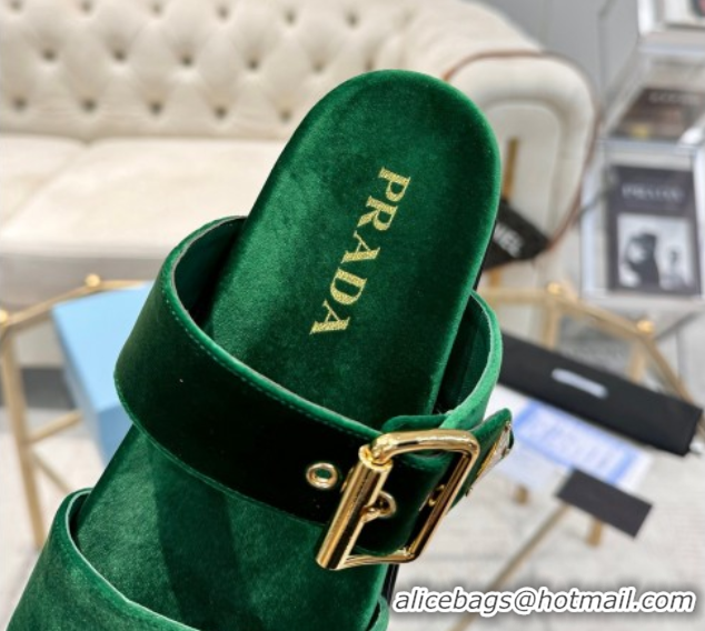 Hot Style Prada Velvet flat slides sandal with buckle Green 2025 1XX715