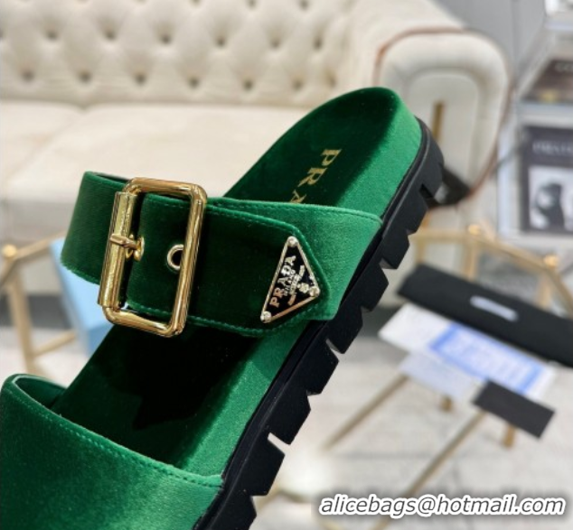 Hot Style Prada Velvet flat slides sandal with buckle Green 2025 1XX715