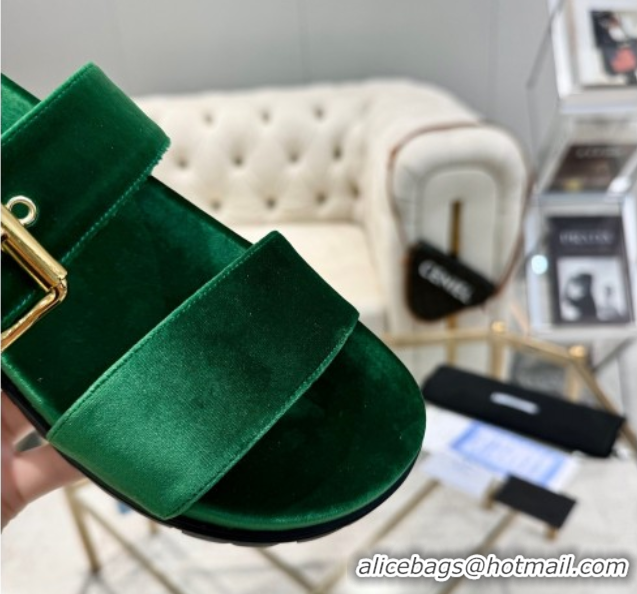 Hot Style Prada Velvet flat slides sandal with buckle Green 2025 1XX715