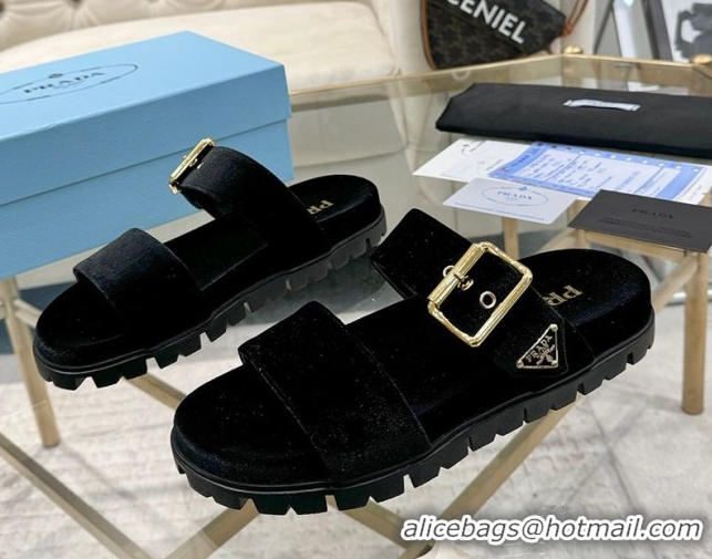 Sumptuous Prada Velvet flat slides sandal with buckle Black 2025 1XX715