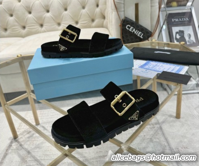 Sumptuous Prada Velvet flat slides sandal with buckle Black 2025 1XX715