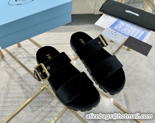 Sumptuous Prada Velvet flat slides sandal with buckle Black 2025 1XX715