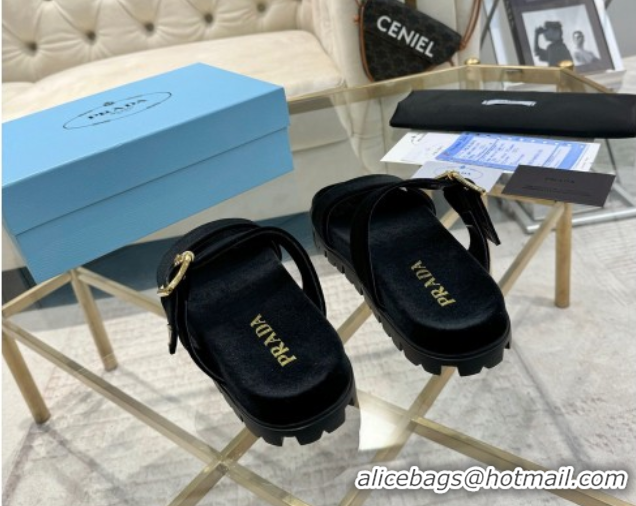 Sumptuous Prada Velvet flat slides sandal with buckle Black 2025 1XX715