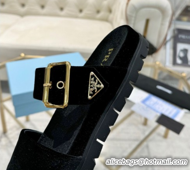 Sumptuous Prada Velvet flat slides sandal with buckle Black 2025 1XX715