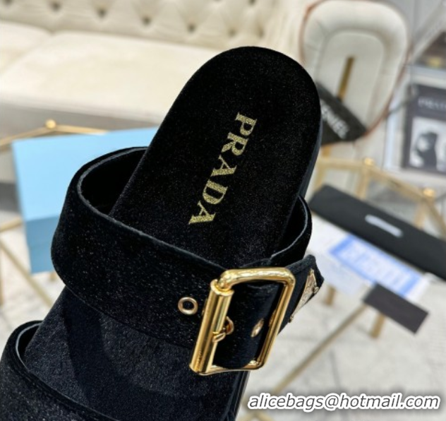 Sumptuous Prada Velvet flat slides sandal with buckle Black 2025 1XX715