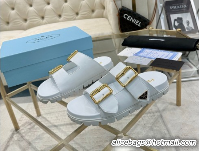 Sophisticated Prada Leather flat slides sandal with buckle White 2025 1XX692
