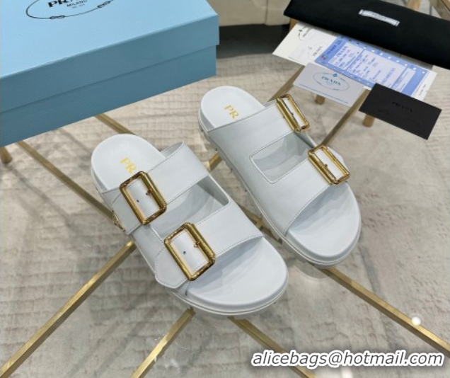 Sophisticated Prada Leather flat slides sandal with buckle White 2025 1XX692