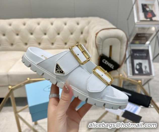 Sophisticated Prada Leather flat slides sandal with buckle White 2025 1XX692