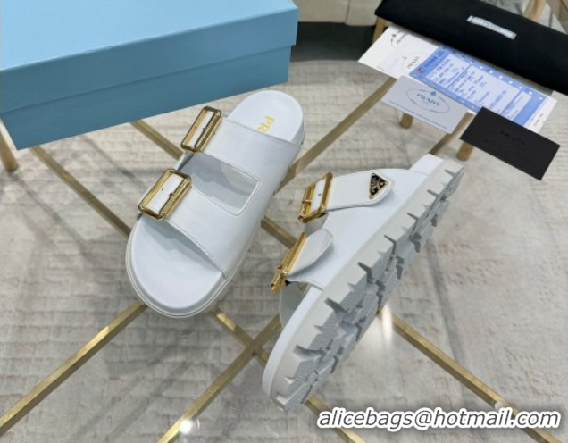 Sophisticated Prada Leather flat slides sandal with buckle White 2025 1XX692