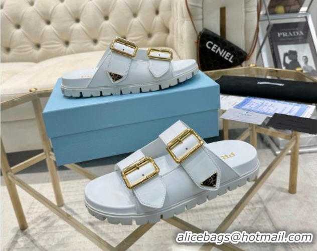 Sophisticated Prada Leather flat slides sandal with buckle White 2025 1XX692