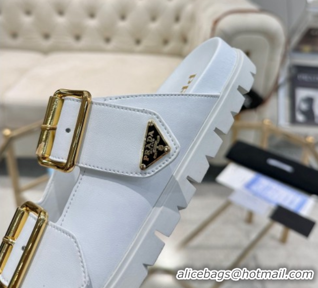 Sophisticated Prada Leather flat slides sandal with buckle White 2025 1XX692