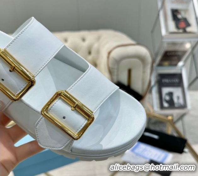 Sophisticated Prada Leather flat slides sandal with buckle White 2025 1XX692