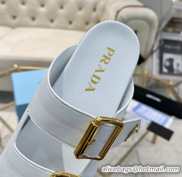 Sophisticated Prada Leather flat slides sandal with buckle White 2025 1XX692