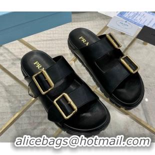 Stylish Prada Leather flat slides sandal with buckle Black 2025 1XX692