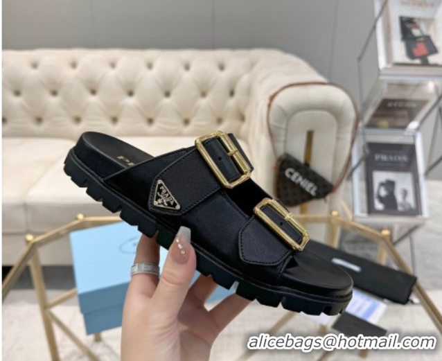 Stylish Prada Leather flat slides sandal with buckle Black 2025 1XX692