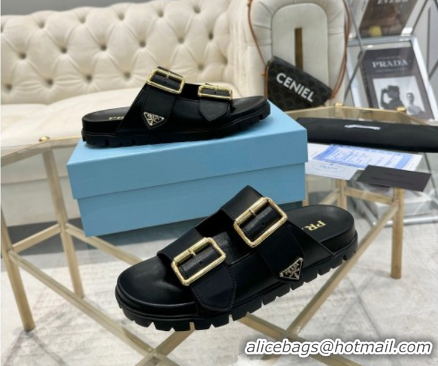 Stylish Prada Leather flat slides sandal with buckle Black 2025 1XX692