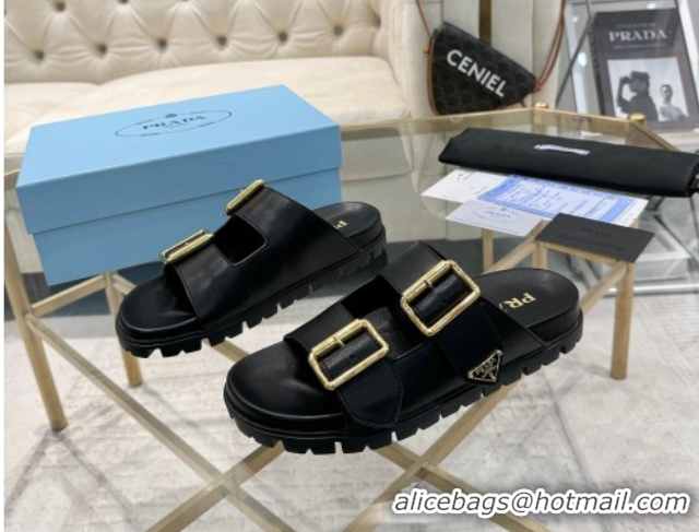 Stylish Prada Leather flat slides sandal with buckle Black 2025 1XX692