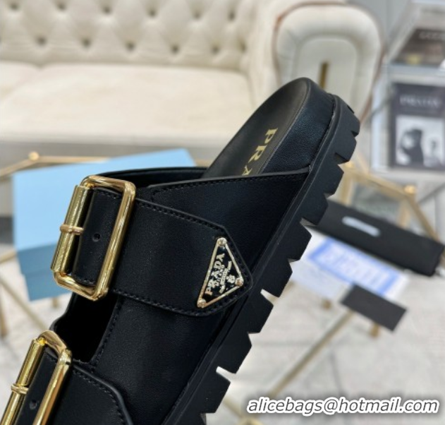 Stylish Prada Leather flat slides sandal with buckle Black 2025 1XX692