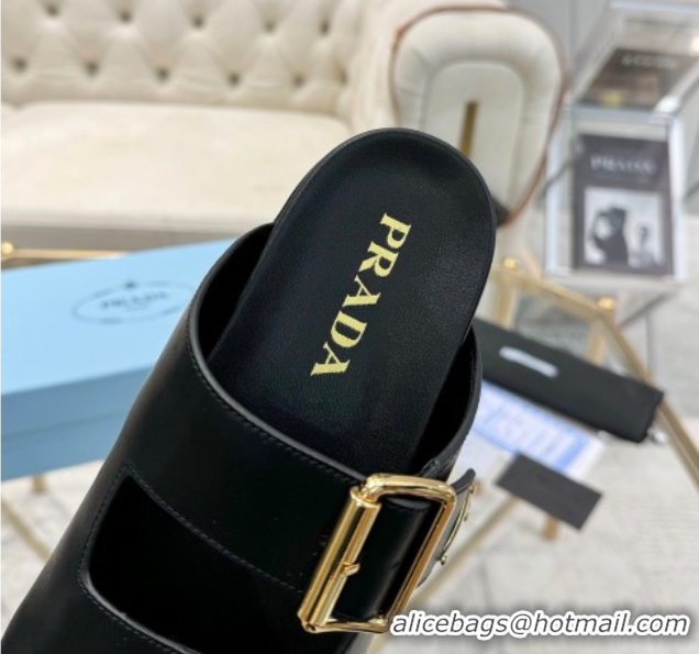 Stylish Prada Leather flat slides sandal with buckle Black 2025 1XX692