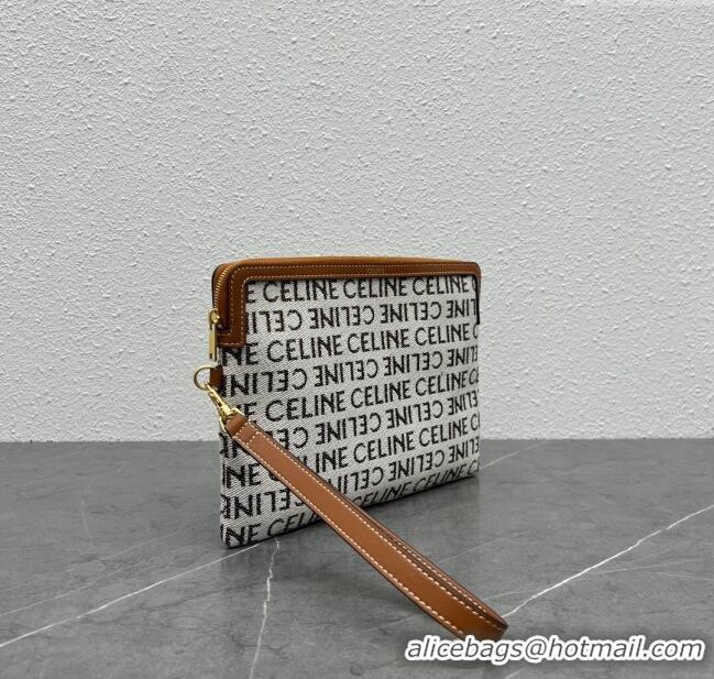 Luxury Classic Celine Small Pouch with Strap Cuir Triomphe in Textile and Calfskin 100502 White/Brown 2024 Top