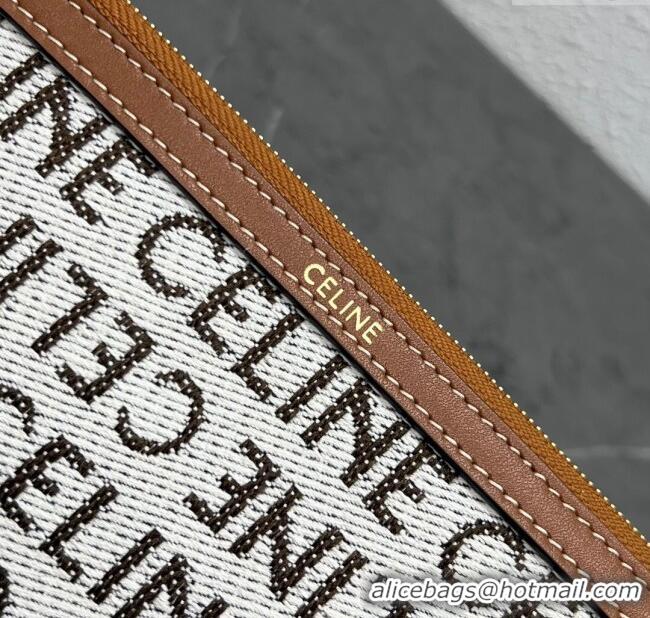 Luxury Classic Celine Small Pouch with Strap Cuir Triomphe in Textile and Calfskin 100502 White/Brown 2024 Top