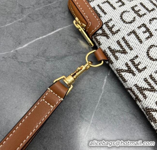 Luxury Classic Celine Small Pouch with Strap Cuir Triomphe in Textile and Calfskin 100502 White/Brown 2024 Top