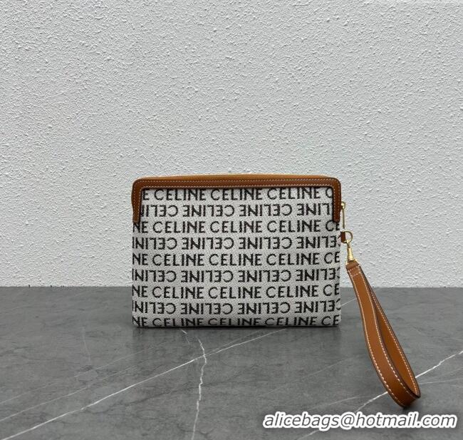 Luxury Classic Celine Small Pouch with Strap Cuir Triomphe in Textile and Calfskin 100502 White/Brown 2024 Top