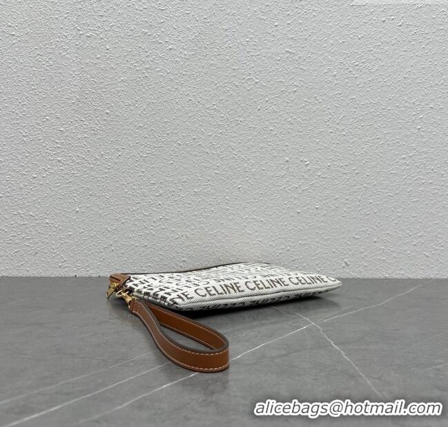 Luxury Classic Celine Small Pouch with Strap Cuir Triomphe in Textile and Calfskin 100502 White/Brown 2024 Top