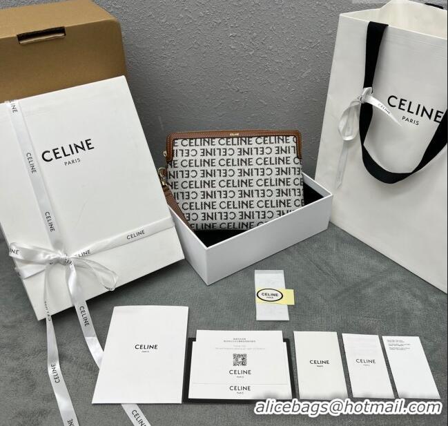 Luxury Classic Celine Small Pouch with Strap Cuir Triomphe in Textile and Calfskin 100502 White/Brown 2024 Top
