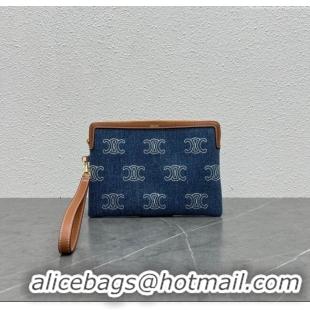 Original Cheap Celine Small Pouch with Strap Cuir Triomphe in Textile and Calfskin 100502 Blue/Brown 2024 Top