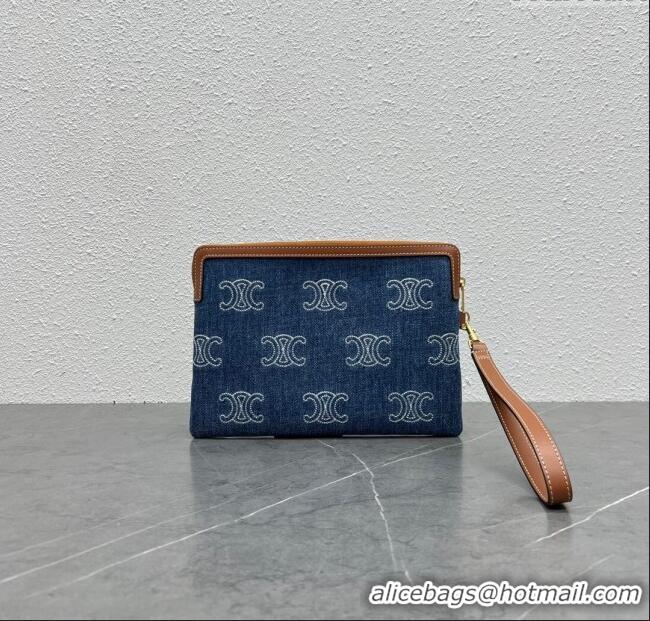 Original Cheap Celine Small Pouch with Strap Cuir Triomphe in Textile and Calfskin 100502 Blue/Brown 2024 Top