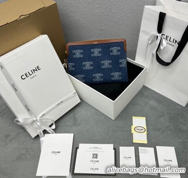 Original Cheap Celine Small Pouch with Strap Cuir Triomphe in Textile and Calfskin 100502 Blue/Brown 2024 Top