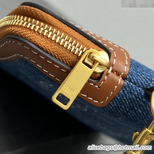 Original Cheap Celine Small Pouch with Strap Cuir Triomphe in Textile and Calfskin 100502 Blue/Brown 2024 Top