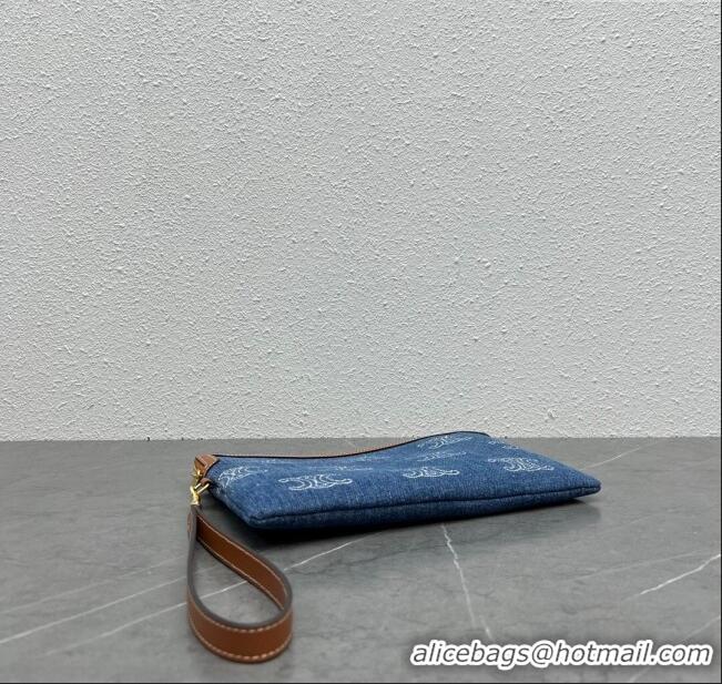 Original Cheap Celine Small Pouch with Strap Cuir Triomphe in Textile and Calfskin 100502 Blue/Brown 2024 Top